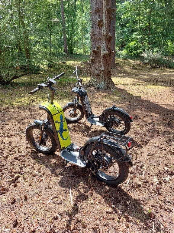 Groupe en trottinette tout-terrain casqué sur un chemin nature